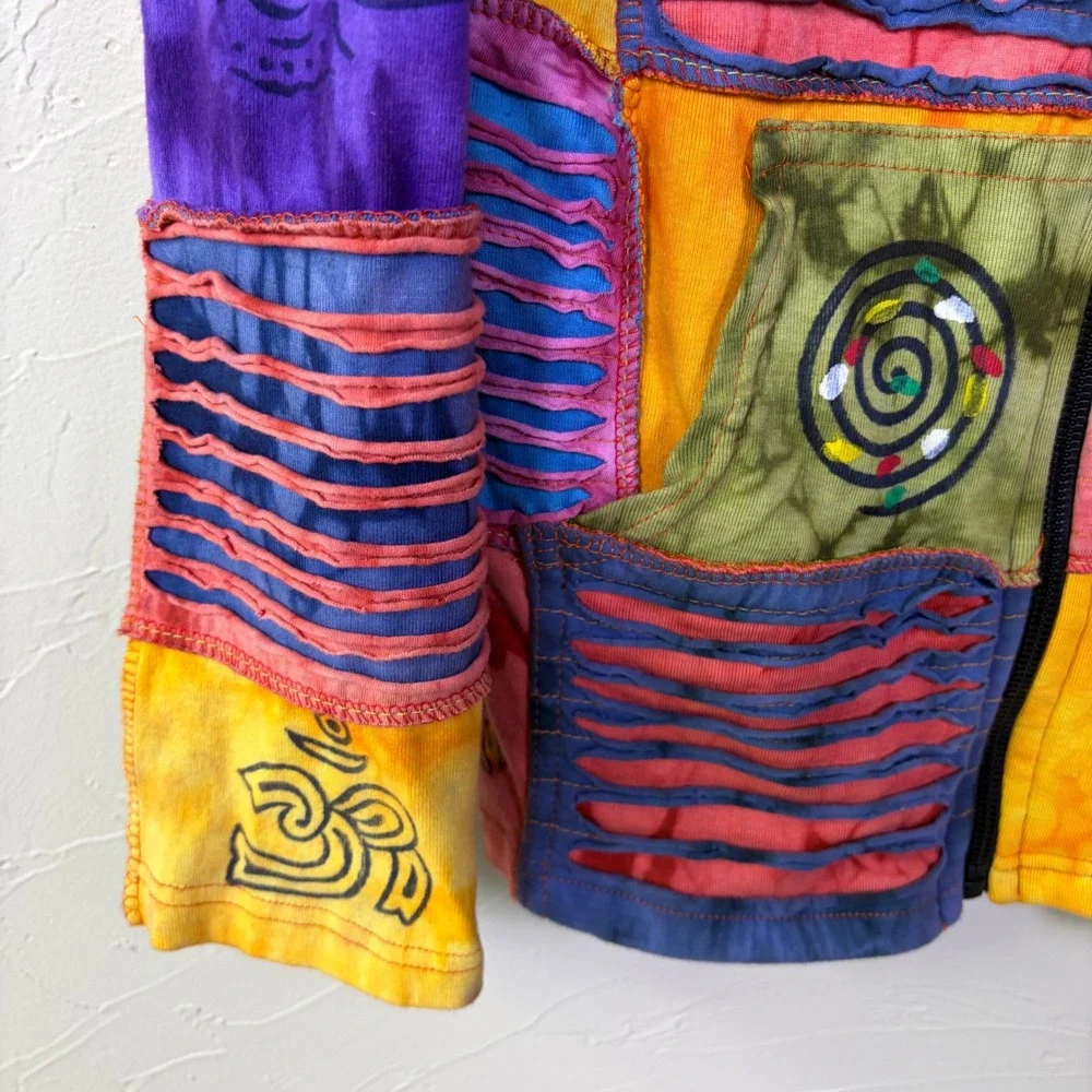 Rising International Patchwork Zip Up Hoodie Women XL Boho Sun Hippie Colorful